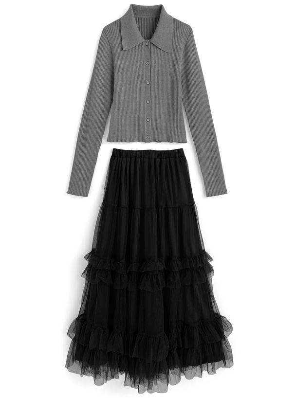 襟付きリブニットカーデガン×チュールスカートセットアップ