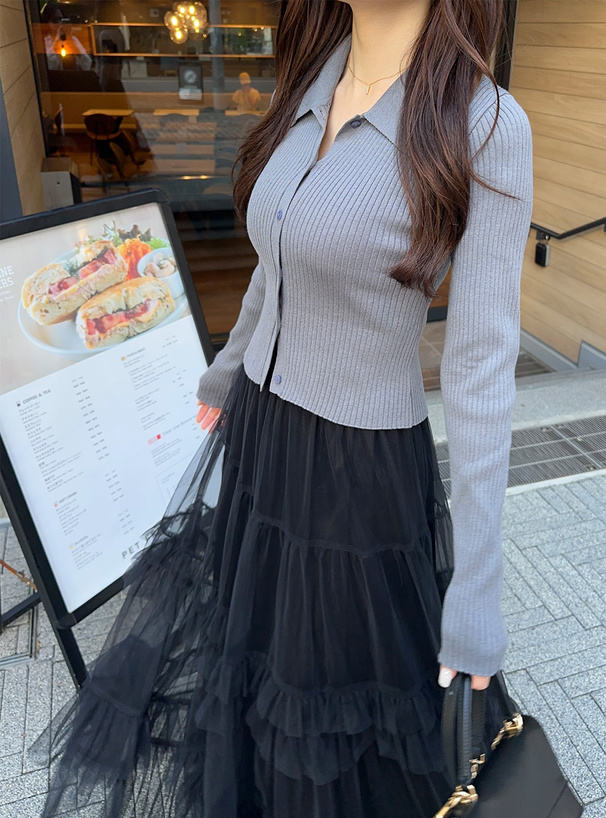 襟付きリブニットカーデガン×チュールスカートセットアップ