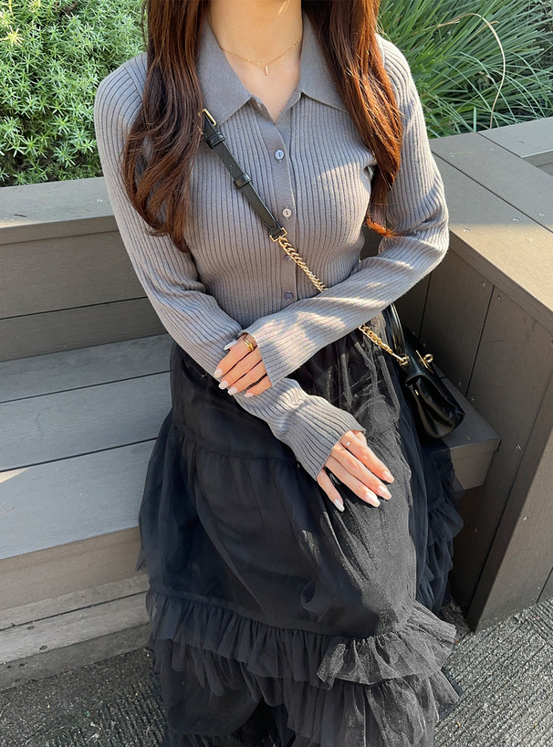 襟付きリブニットカーデガン×チュールスカートセットアップ