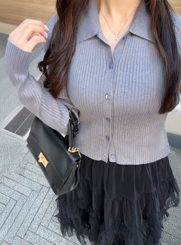 襟付きリブニットカーデガン×チュールスカートセットアップ