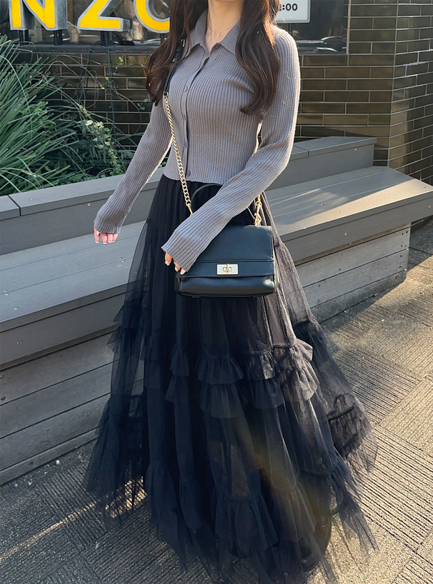 襟付きリブニットカーデガン×チュールスカートセットアップ