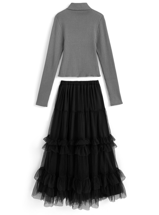 襟付きリブニットカーデガン×チュールスカートセットアップ