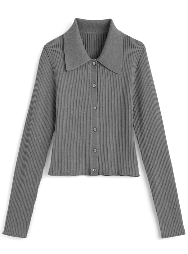 襟付きリブニットカーデガン×チュールスカートセットアップ