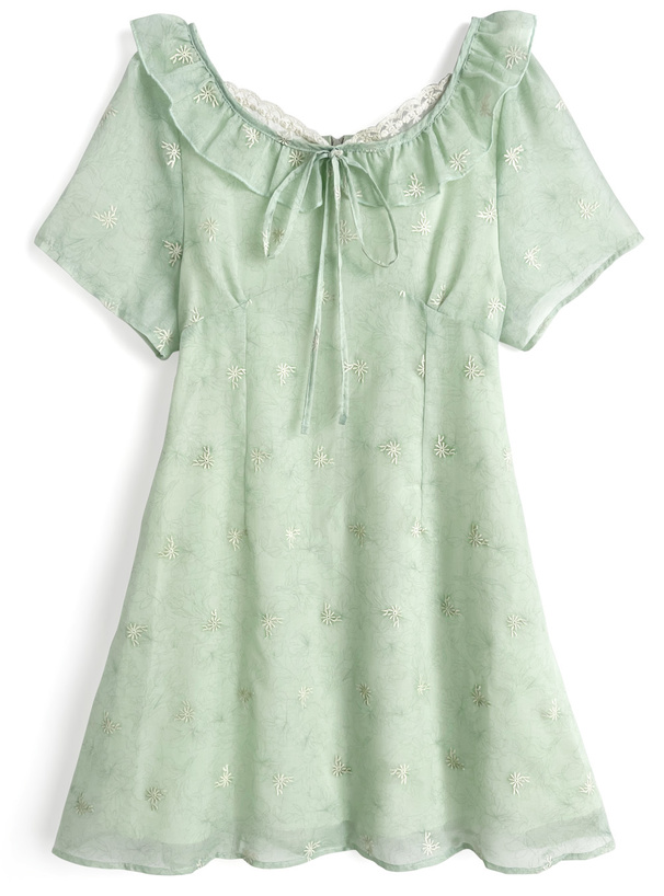 花柄刺繍シアーフリルフレアミニワンピース[ru1264]