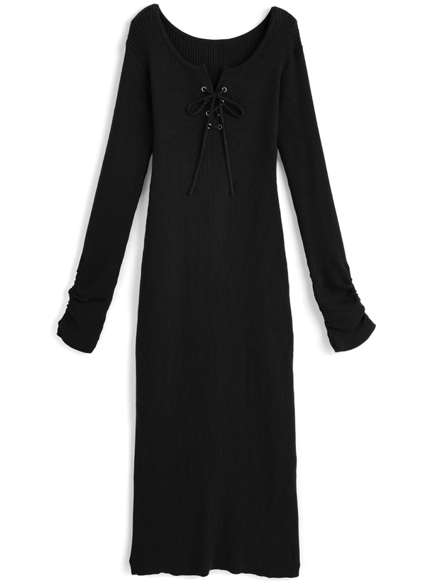 レースアップ袖ギャザーリブタイトロングワンピース
