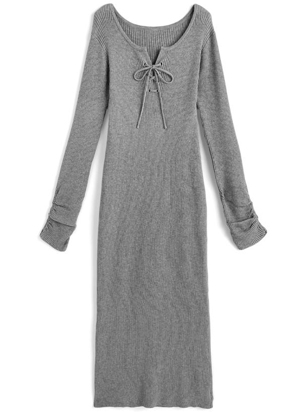 レースアップ袖ギャザーリブタイトロングワンピース