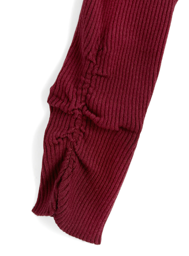 レースアップ袖ギャザーリブタイトロングワンピース