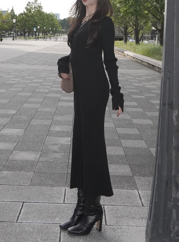 レースアップ袖ギャザーリブタイトロングワンピース