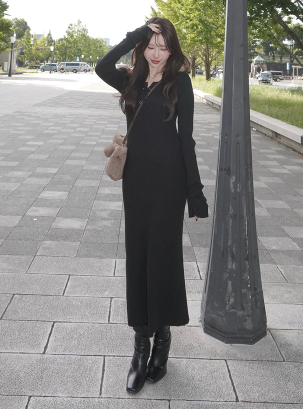 レースアップ袖ギャザーリブタイトロングワンピース