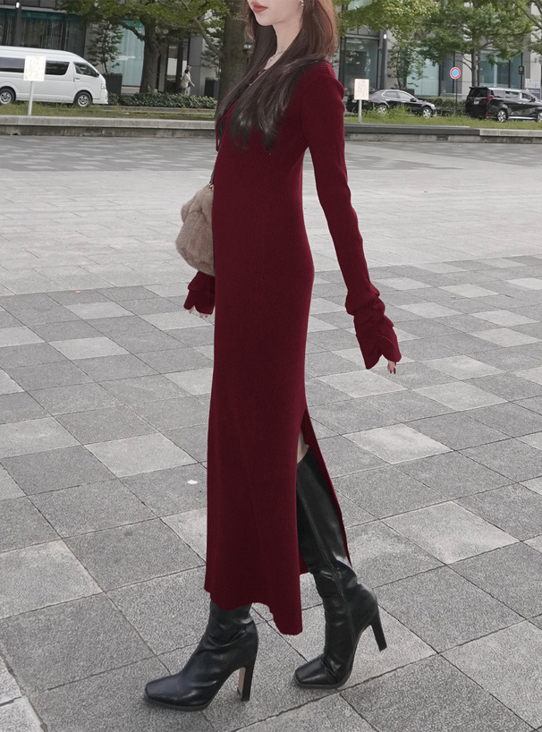 レースアップ袖ギャザーリブタイトロングワンピース