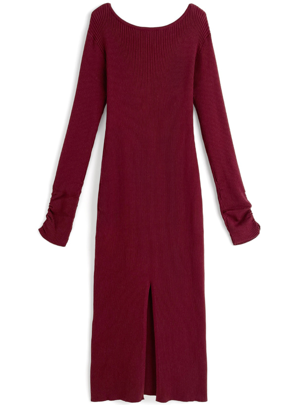 レースアップ袖ギャザーリブタイトロングワンピース