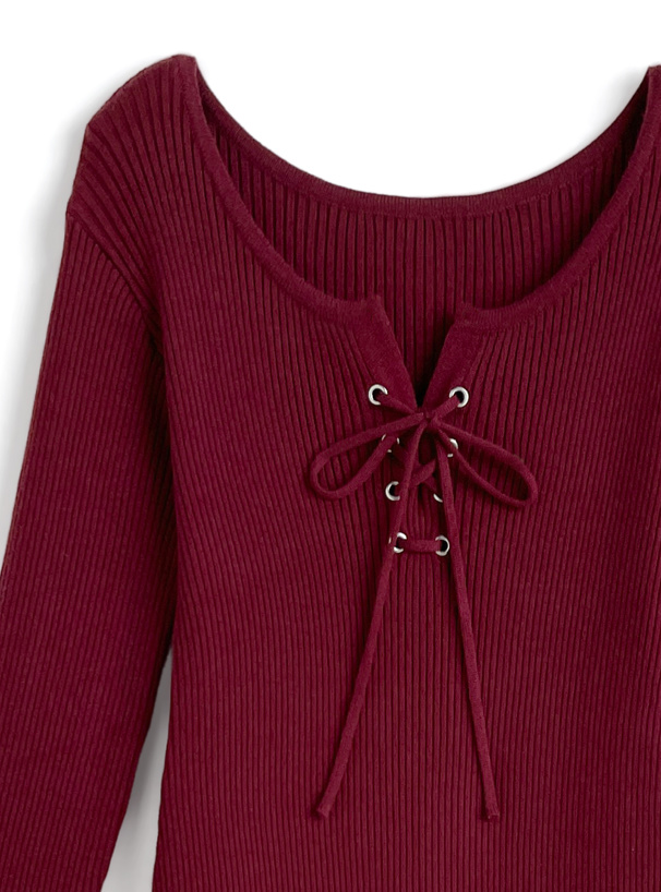 レースアップ袖ギャザーリブタイトロングワンピース