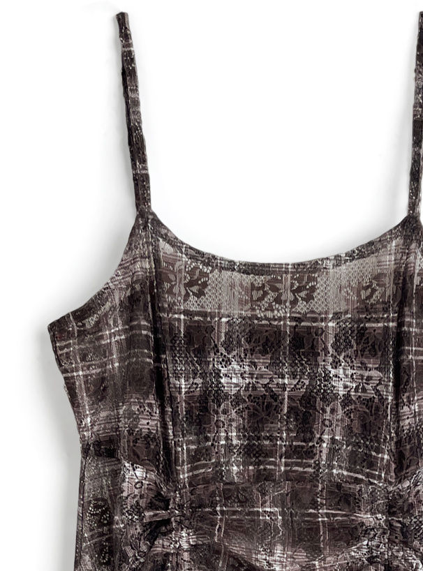 チェック柄レースドロストミニキャミソールワンピース