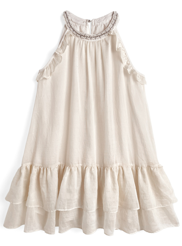 ネックビジューノースリーブティアードミニワンピース