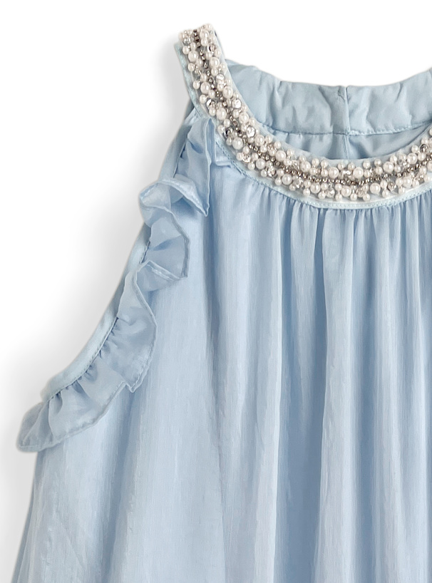 ネックビジューノースリーブティアードミニワンピース