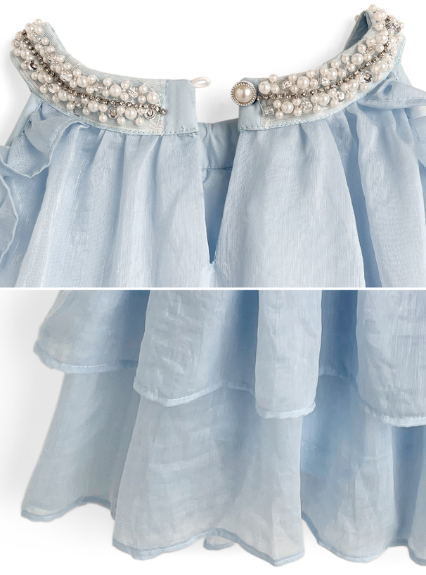 ネックビジューノースリーブティアードミニワンピース