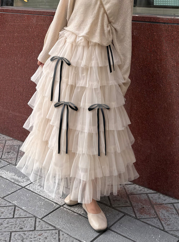 チュールティアードリボンボリュームスカート
