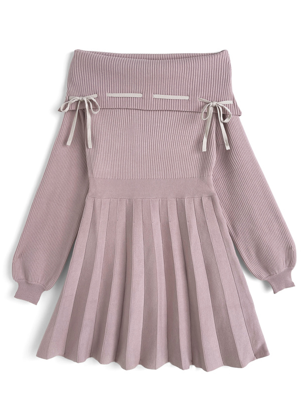 配色リボンオフショルダーニットミニワンピース[ru1292]