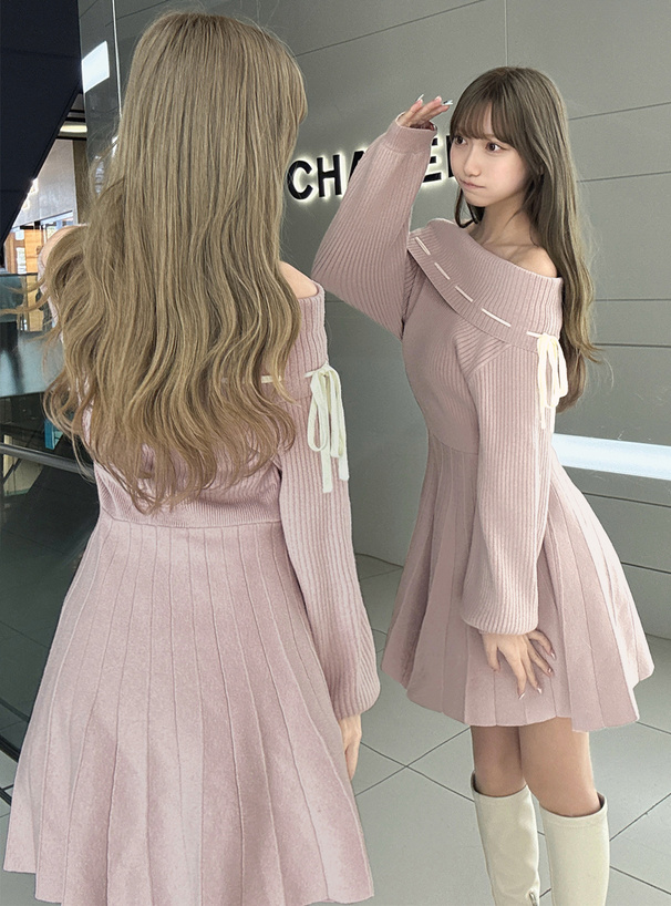 配色リボンオフショルダーニットミニワンピース[ru1292] | レディース