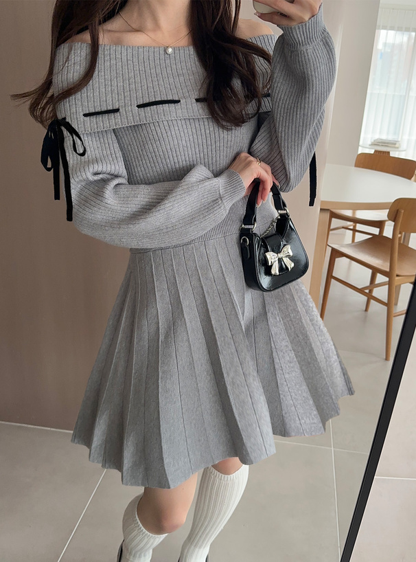 配色リボンオフショルダーニットミニワンピース[ru1292] | レディース