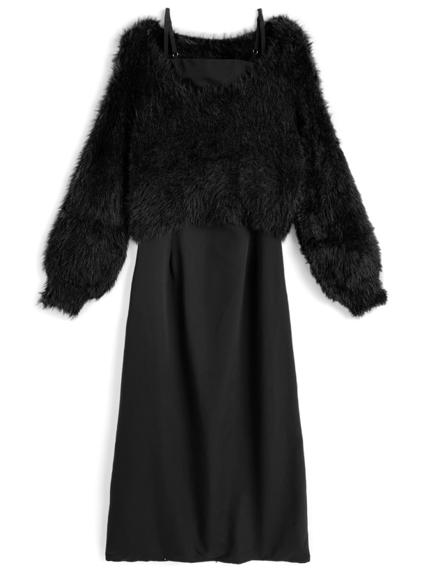 シャギーニットトップス×キャミワンピースセットアップ