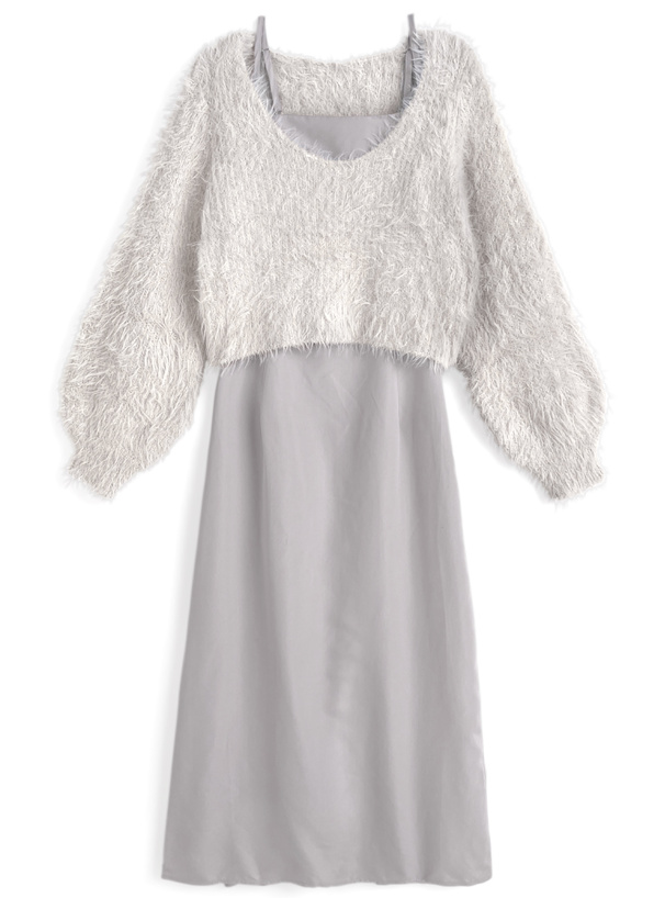 シャギーニットトップス×キャミワンピースセットアップ