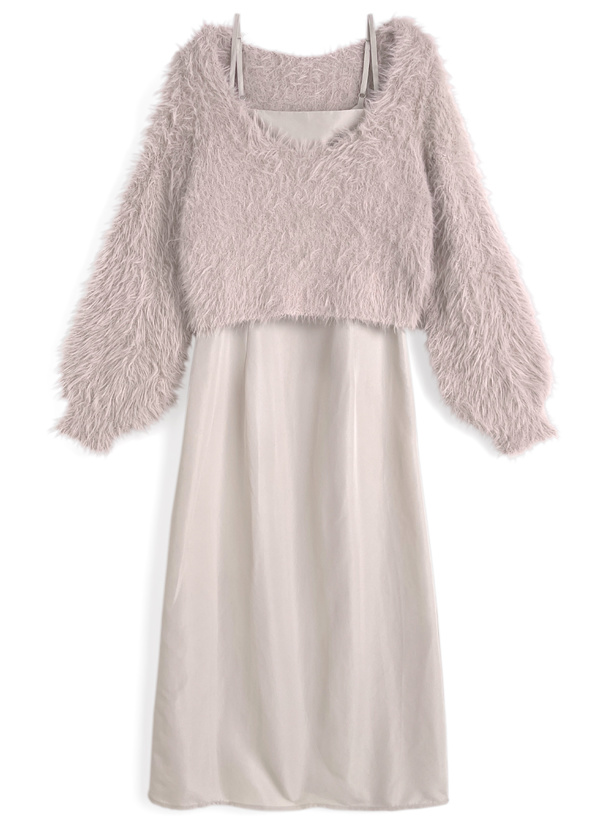 シャギーニットトップス×キャミワンピースセットアップ