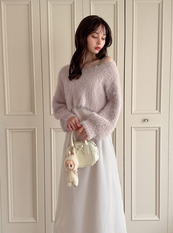 シャギーニットトップス×キャミワンピースセットアップ