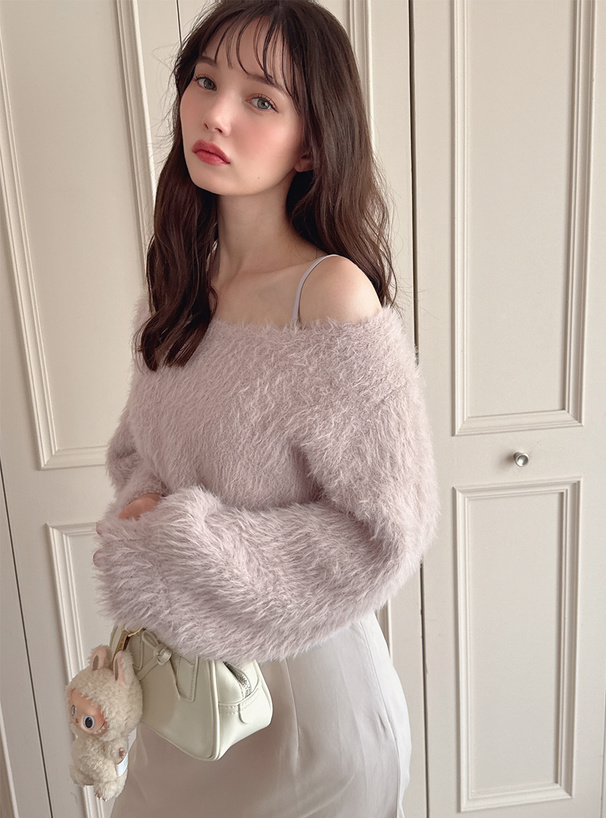 シャギーニットトップス×キャミワンピースセットアップ