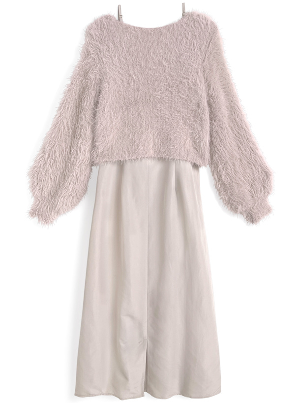 シャギーニットトップス×キャミワンピースセットアップ