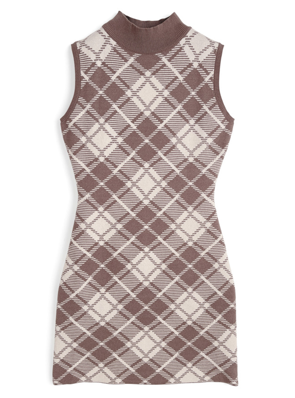 チェック柄ノースリーブニットタイトミニワンピース