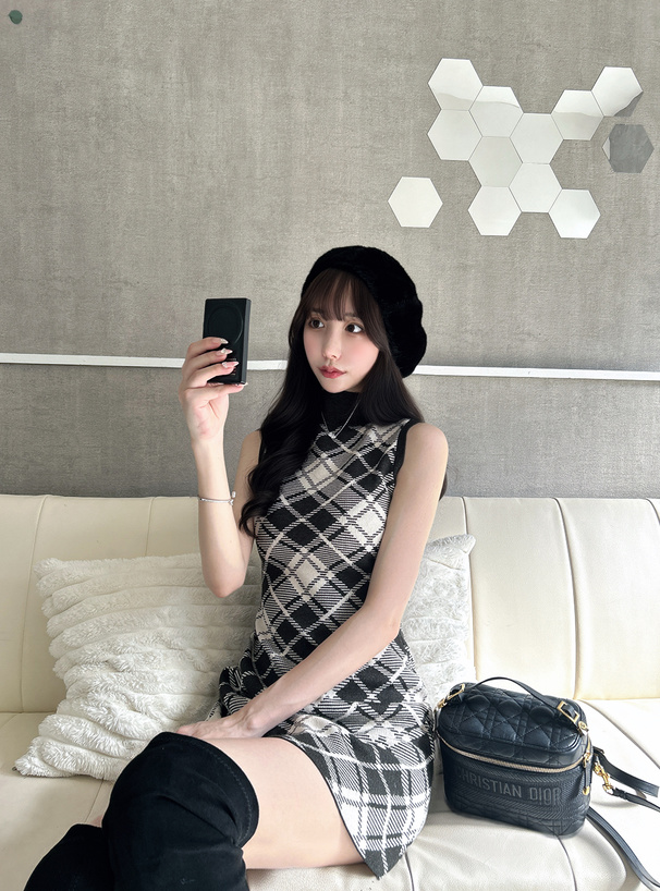 チェック柄ノースリーブニットタイトミニワンピース[ru1296