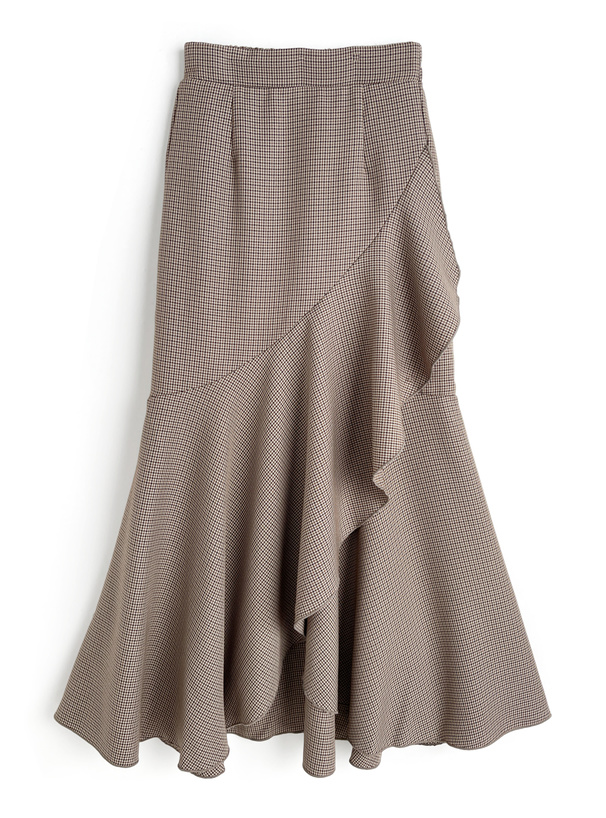 千鳥柄ラッフルフレアロングスカート