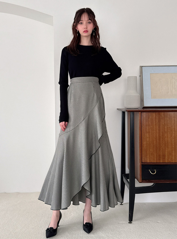 千鳥柄ラッフルフレアロングスカート[ru1309] | レディース