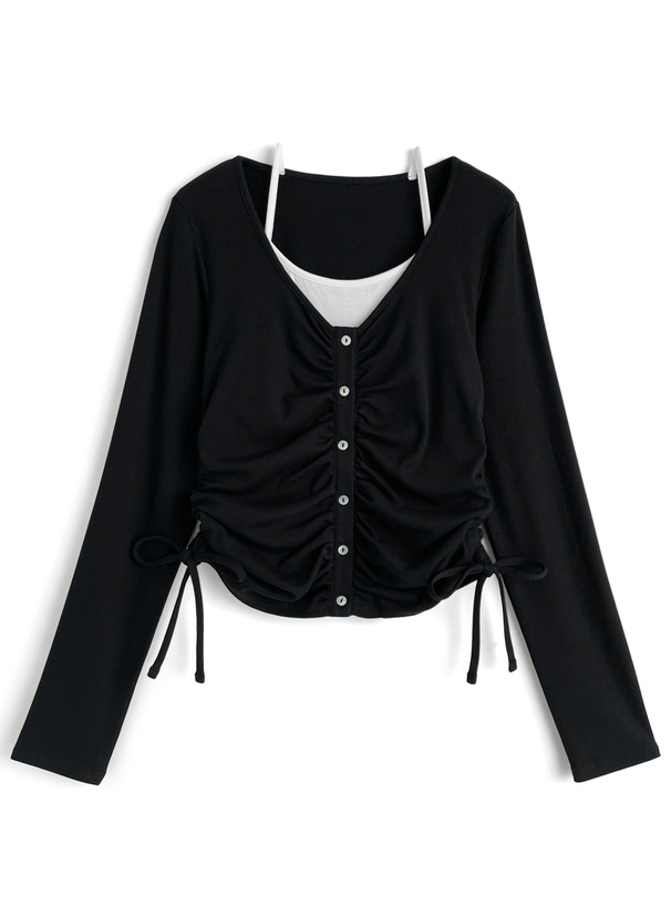 キャミレイヤード風ギャザードロストトップス