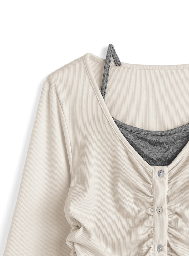 キャミレイヤード風ギャザードロストトップス