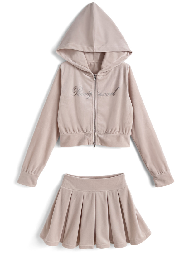 ラインストーンロゴダブルジップパーカー×インパン裏地付きフレアミニスカートベロアセットアップ