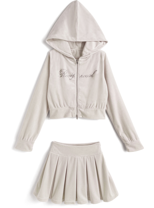 ラインストーンロゴダブルジップパーカー×インパン裏地付きフレアミニスカートベロアセットアップ
