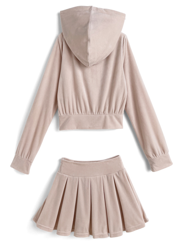 ラインストーンロゴダブルジップパーカー×インパン裏地付きフレアミニスカートベロアセットアップ