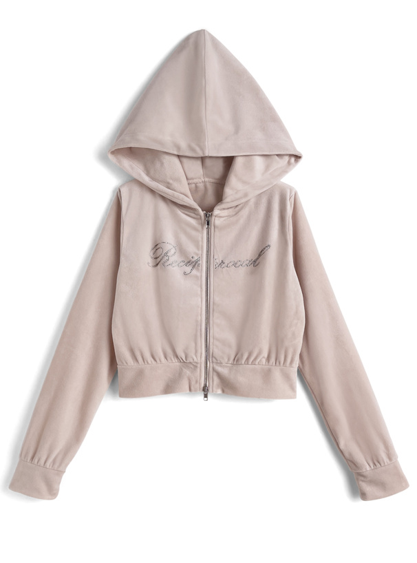 ラインストーンロゴダブルジップパーカー×インパン裏地付きフレアミニスカートベロアセットアップ