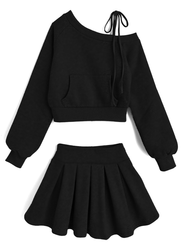 ワンショルダートップス×インパン裏地付きフレアミニスカートスウェットセットアップ