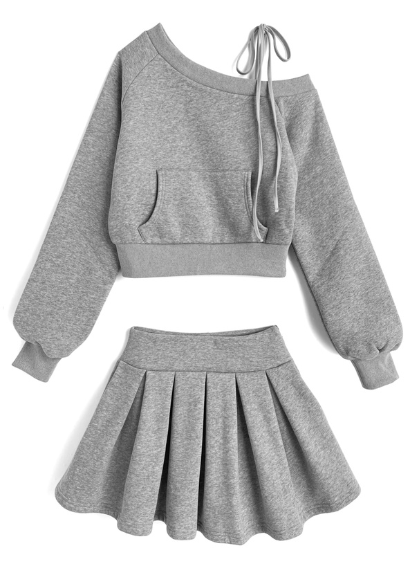 ワンショルダートップス×インパン裏地付きフレアミニスカートスウェットセットアップ