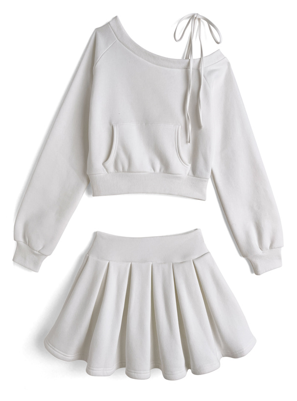 ワンショルダートップス×インパン裏地付きフレアミニスカートスウェットセットアップ