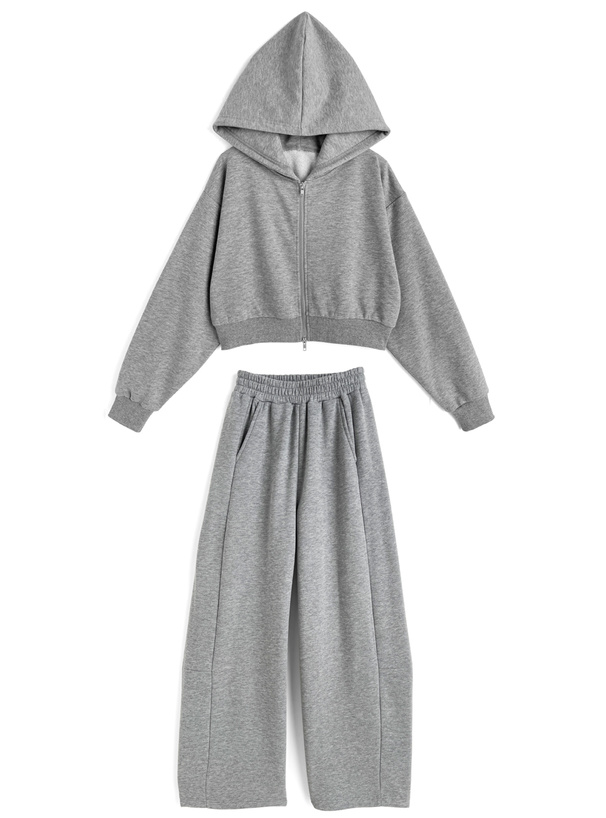 ダブルジップパーカー×ワイドパンツ裏起毛スウェットセットアップ