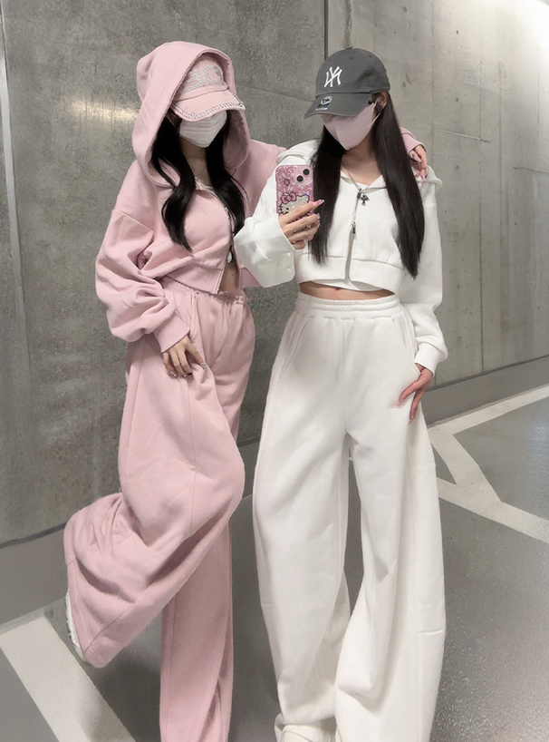 ダブルジップパーカー×ワイドパンツ裏起毛スウェットセットアップ