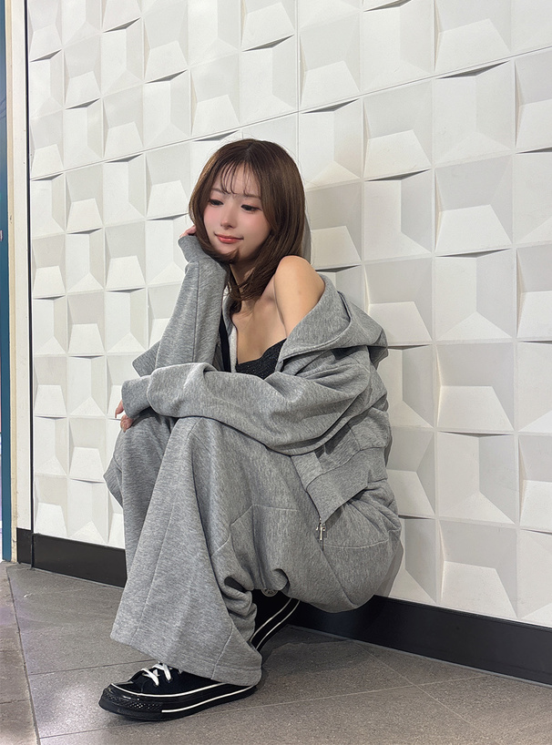 ダブルジップパーカー×ワイドパンツ裏起毛スウェットセットアップ