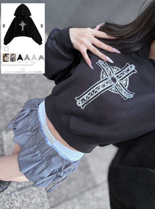 ラインストーンクロスロゴスウェットパーカー