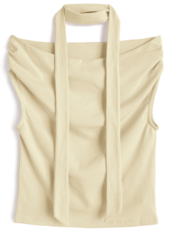 タイ付きオフショルダードレープトップス