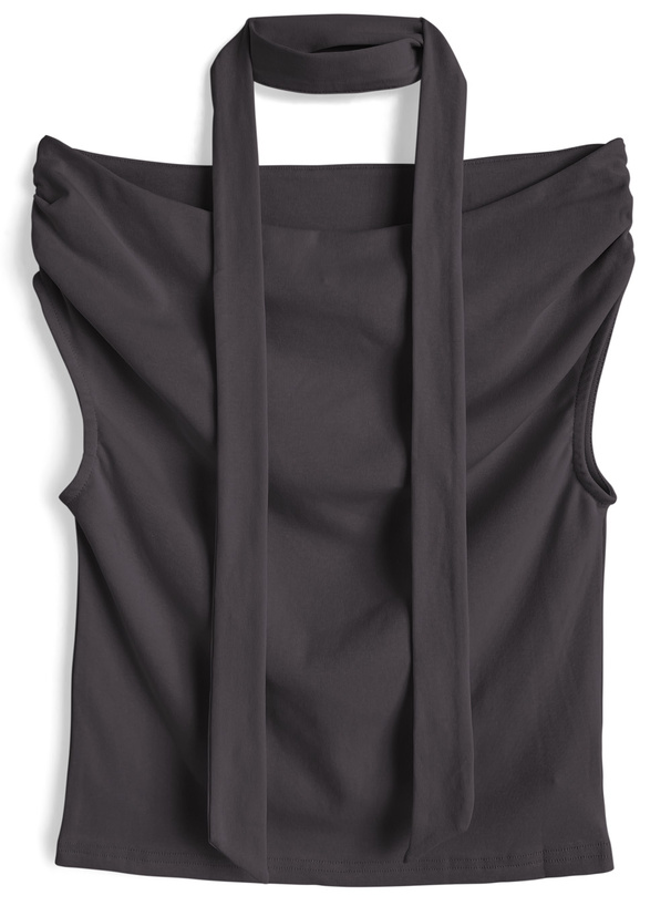 タイ付きオフショルダードレープトップス