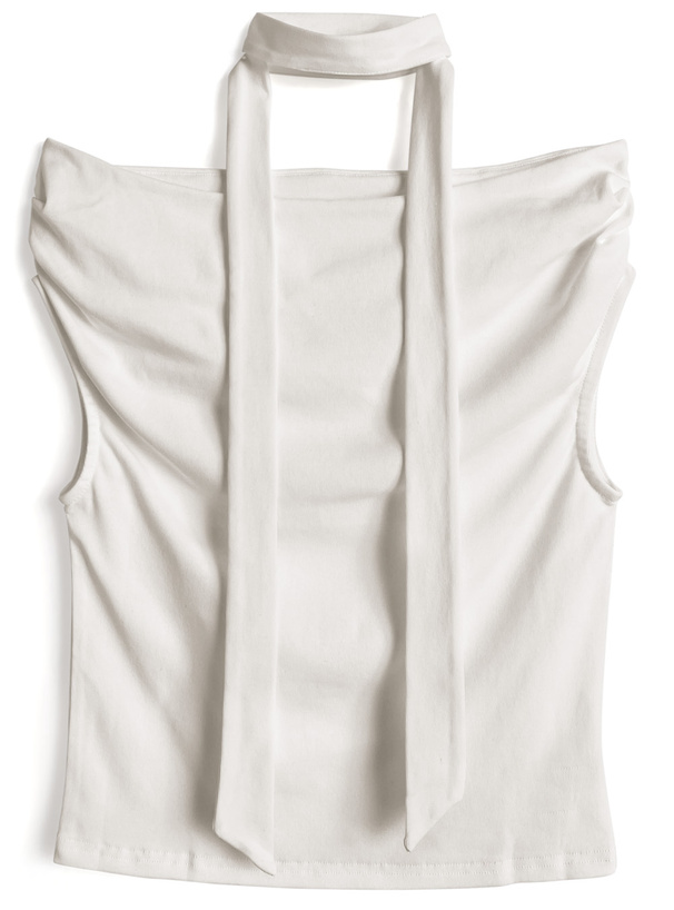 タイ付きオフショルダードレープトップス